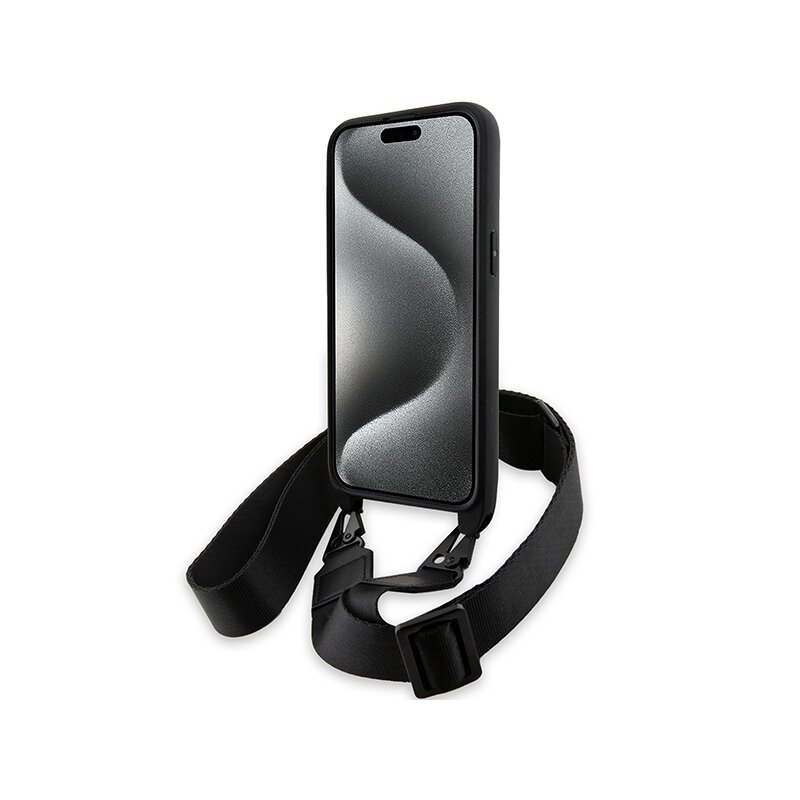 Husa BMW iPhone 15 Pro Leather M Edition Carbon Tricolor Lines & Strap, negru, BMHCP15L23PSVTK