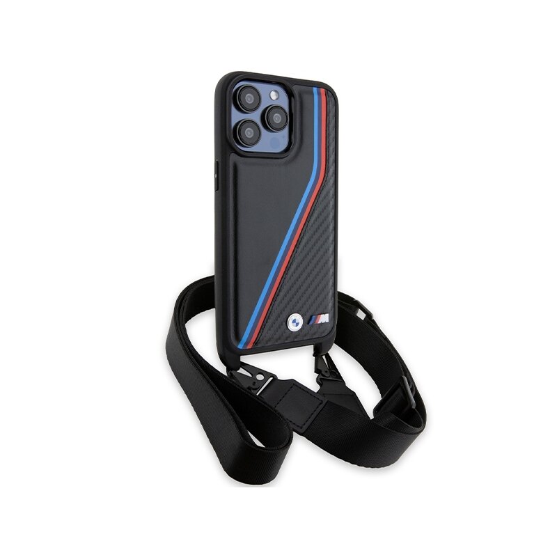 Husa BMW iPhone 15 Pro Leather M Edition Carbon Tricolor Lines & Strap, negru, BMHCP15L23PSVTK