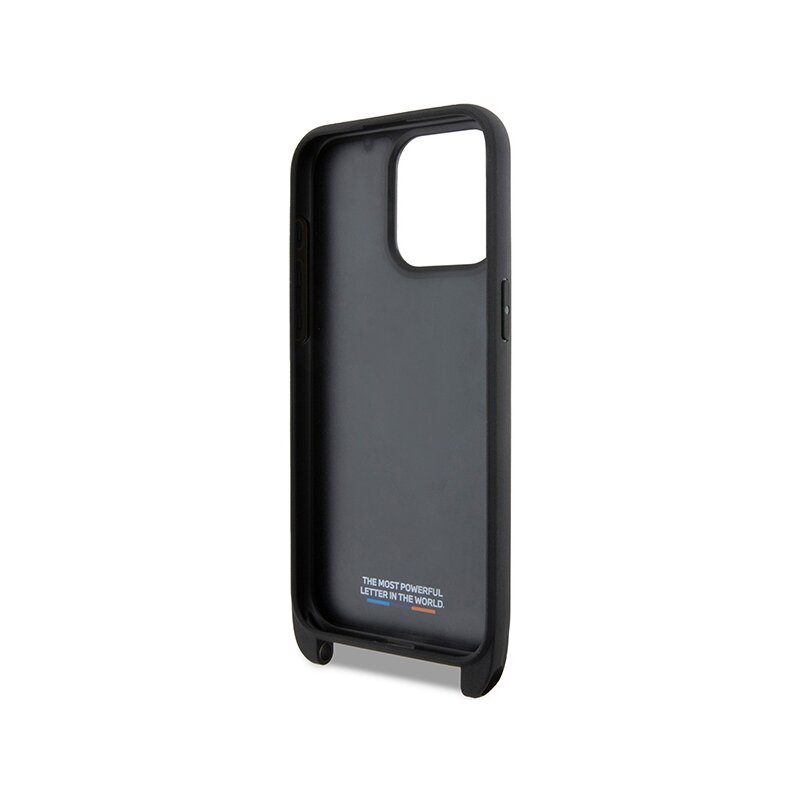 Husa BMW iPhone 15 Pro Leather M Edition Carbon Tricolor Lines & Strap, negru, BMHCP15L23PSVTK