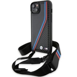 Husa BMW iPhone 15 Plus Leather M Edition Carbon Tricolor Lines & Strap, negru, BMHCP15M23PSVTK