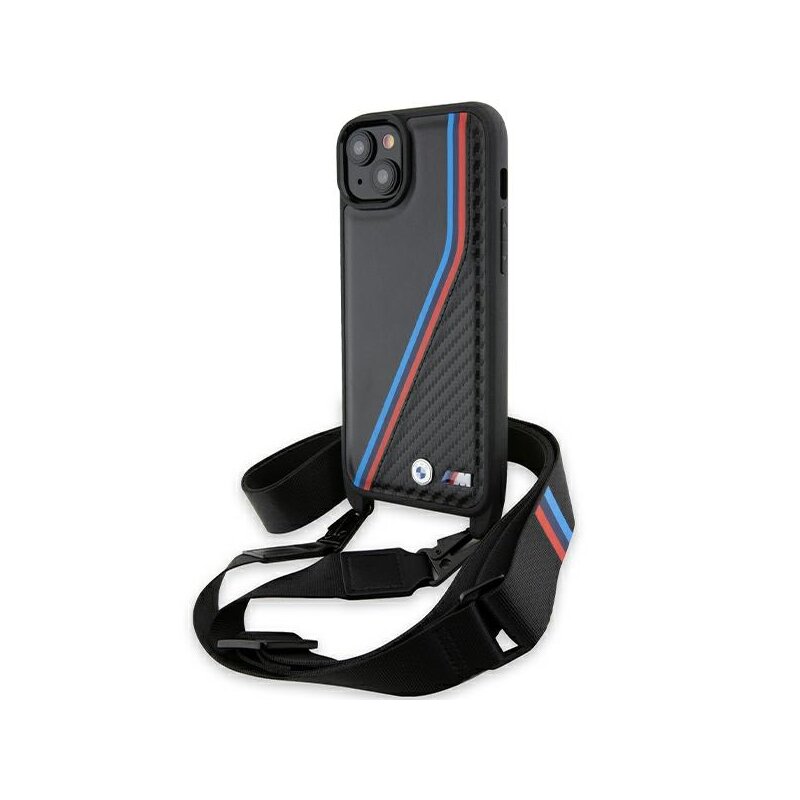Husa BMW iPhone 15 Plus Leather M Edition Carbon Tricolor Lines & Strap, negru, BMHCP15M23PSVTK