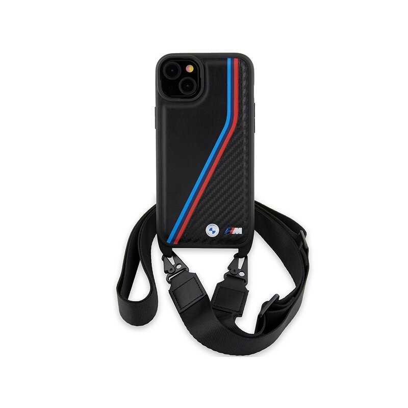 Husa BMW iPhone 15 Plus Leather M Edition Carbon Tricolor Lines & Strap, negru, BMHCP15M23PSVTK