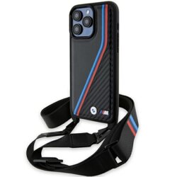Husa BMW iPhone 15 Pro Max Leather M Edition Carbon Tricolor Lines & Strap, negru, BMHCP15X23PSVTK