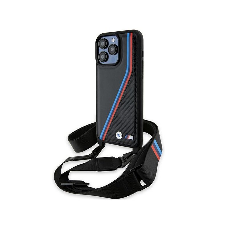 Husa BMW iPhone 15 Pro Max Leather M Edition Carbon Tricolor Lines & Strap, negru, BMHCP15X23PSVTK
