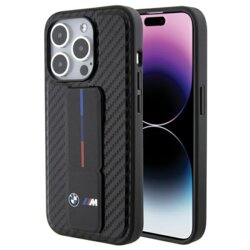 Husa BMW iPhone 15 Pro Leather Grip Stand Smooth & Carbon, negru, BMHCP15LGSPCCK