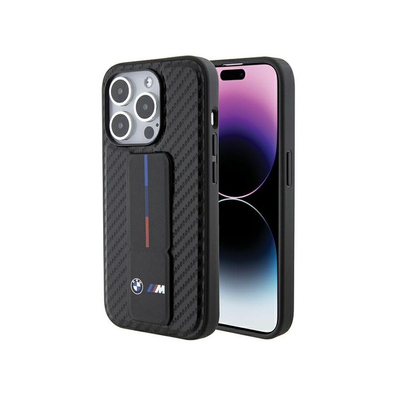 Husa BMW iPhone 15 Pro Leather Grip Stand Smooth & Carbon, negru, BMHCP15LGSPCCK