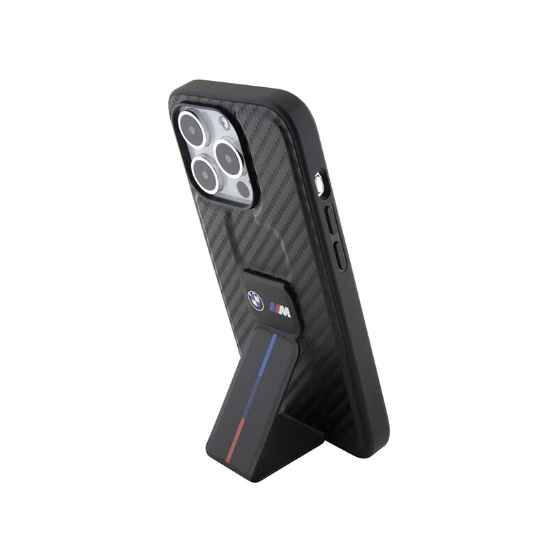 Husa BMW iPhone 15 Pro Leather Grip Stand Smooth & Carbon, negru, BMHCP15LGSPCCK