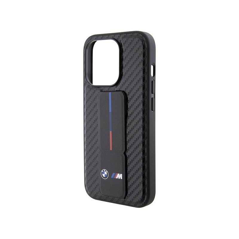 Husa BMW iPhone 15 Pro Leather Grip Stand Smooth & Carbon, negru, BMHCP15LGSPCCK