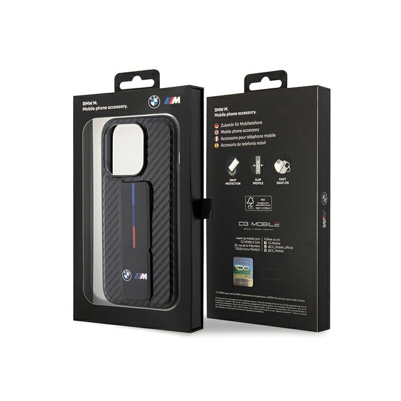 Husa BMW iPhone 15 Pro Leather Grip Stand Smooth & Carbon, negru, BMHCP15LGSPCCK