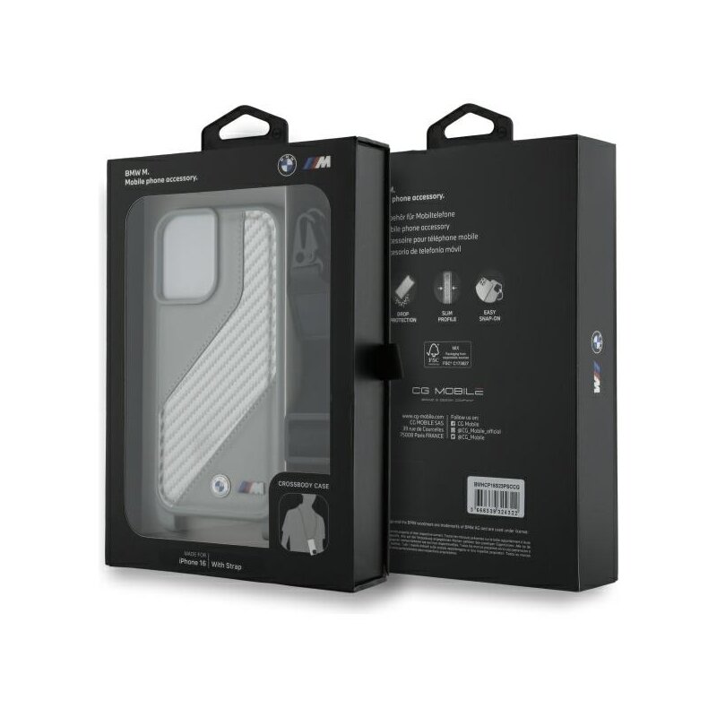 Husa BMW iPhone 16 Leather M Edition Carbon Stripe & Strap, negru, BMHCP16S23PSCCG
