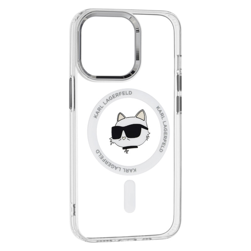 Husa iPhone 13 Pro Karl Lagerfeld IML MagSafe, Metal Choupette`s Head, alb, KLHMP13LHLSCHH