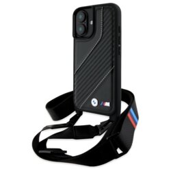 Husa BMW iPhone 16 Plus Leather M Edition Carbon Stripe & Strap, negru, BMHCP16M23PSCCK