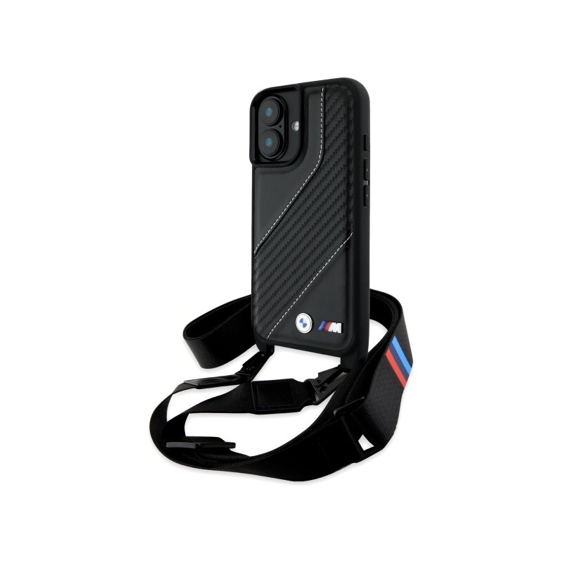 Husa BMW iPhone 16 Plus Leather M Edition Carbon Stripe & Strap, negru, BMHCP16M23PSCCK