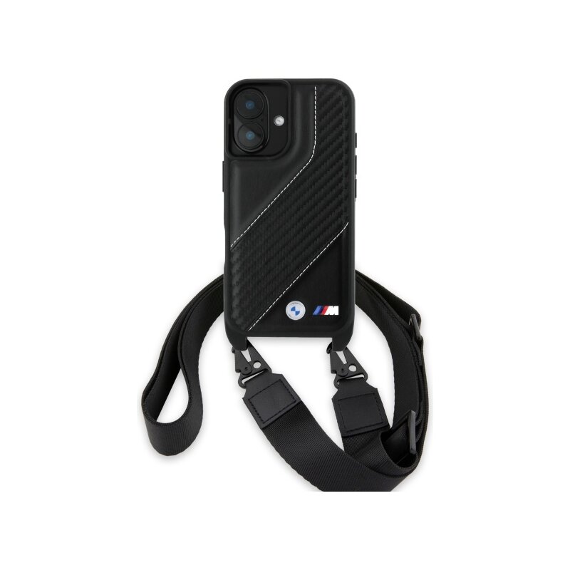 Husa BMW iPhone 16 Plus Leather M Edition Carbon Stripe & Strap, negru, BMHCP16M23PSCCK