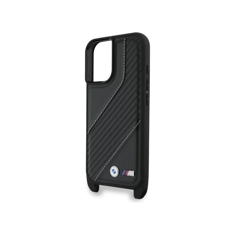 Husa BMW iPhone 16 Plus Leather M Edition Carbon Stripe & Strap, negru, BMHCP16M23PSCCK