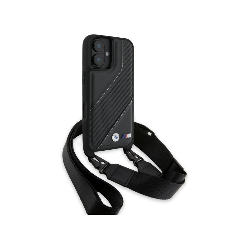 Husa BMW iPhone 16 Plus Leather M Edition Carbon Stripe & Strap, negru, BMHCP16M23PSCCK