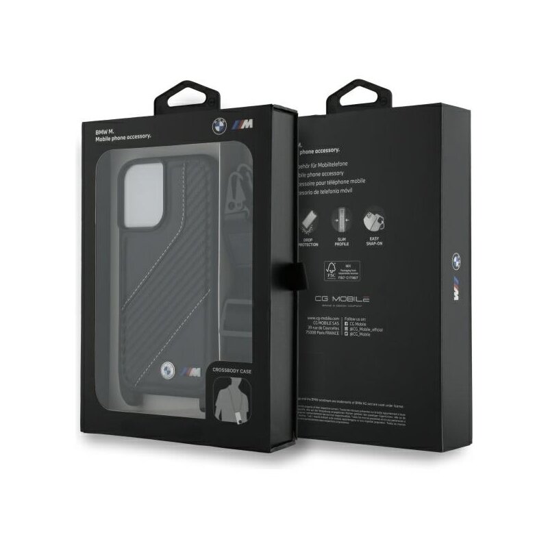 Husa BMW iPhone 16 Plus Leather M Edition Carbon Stripe & Strap, negru, BMHCP16M23PSCCK