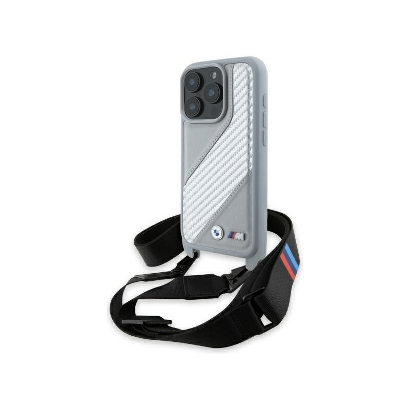 Husa BMW iPhone 16 Pro Leather M Edition Carbon Stripe & Strap, gri, BMHCP16L23PSCCG