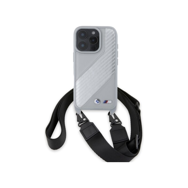 Husa BMW iPhone 16 Pro Leather M Edition Carbon Stripe & Strap, gri, BMHCP16L23PSCCG