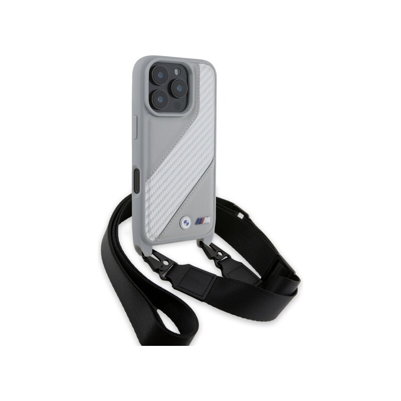 Husa BMW iPhone 16 Pro Leather M Edition Carbon Stripe & Strap, gri, BMHCP16L23PSCCG
