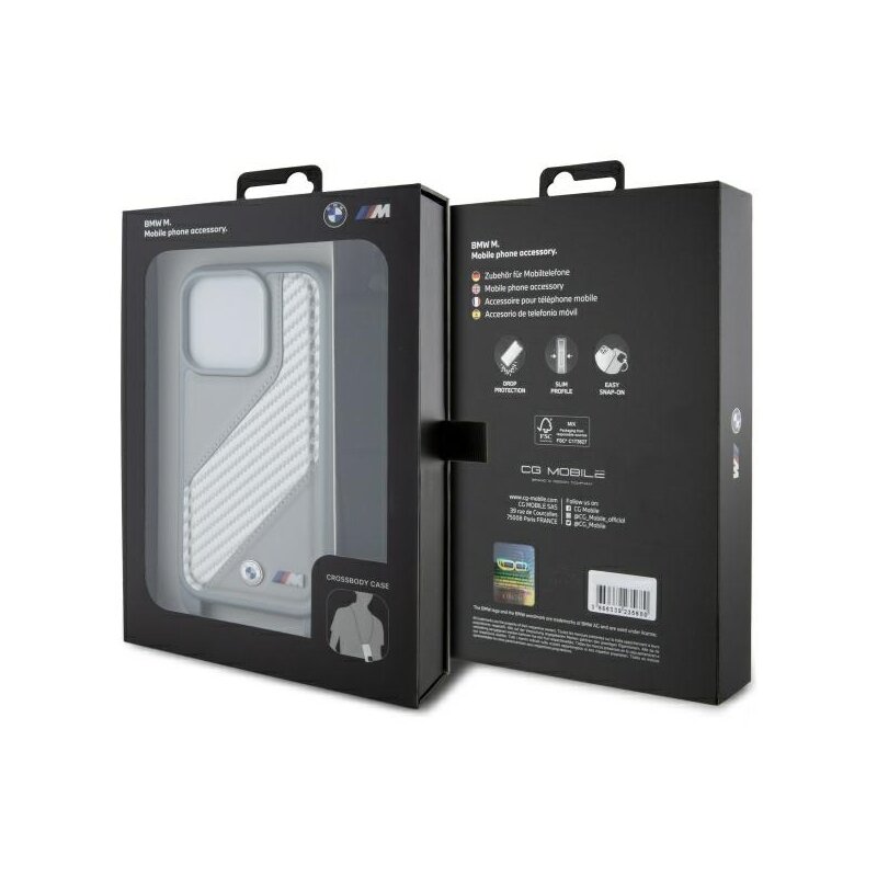 Husa BMW iPhone 16 Pro Leather M Edition Carbon Stripe & Strap, gri, BMHCP16L23PSCCG