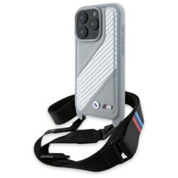 Husa BMW iPhone 16 Pro Max Leather M Edition Carbon Stripe & Strap, gri, BMHCP16X23PSCCG