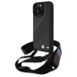 Husa BMW iPhone 16 Pro Max Leather M Edition Carbon Stripe & Strap, negru, BMHCP16X23PSCCK