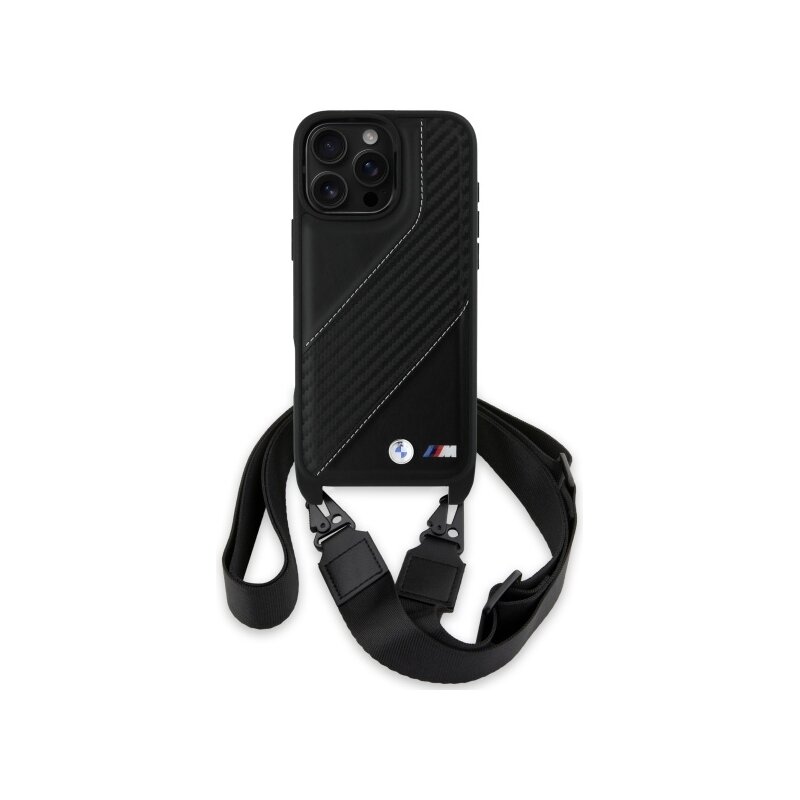 Husa BMW iPhone 16 Pro Max Leather M Edition Carbon Stripe & Strap, negru, BMHCP16X23PSCCK
