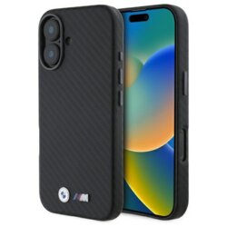 Husa BMW iPhone 16 Leather Carbon Wrapped Metal, negru, BMHCP16S23PUFWC