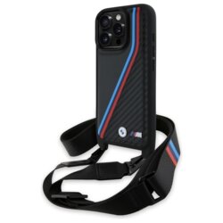 Husa BMW iPhone 16 Pro Max Leather M Edition Carbon Tricolor Lines & Strap, negru, BMHCP16X23PSVTK