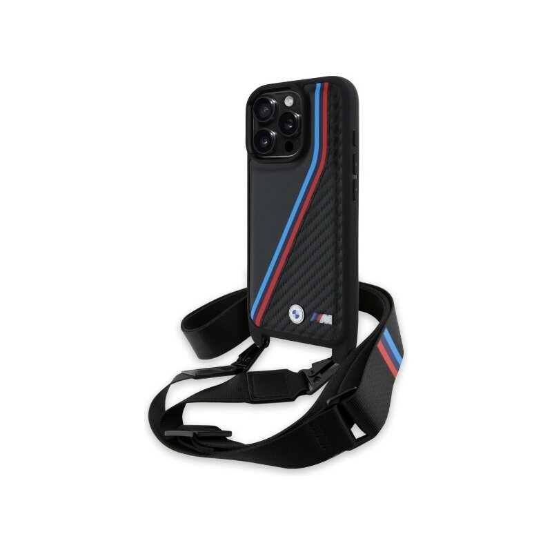 Husa BMW iPhone 16 Pro Max Leather M Edition Carbon Tricolor Lines & Strap, negru, BMHCP16X23PSVTK
