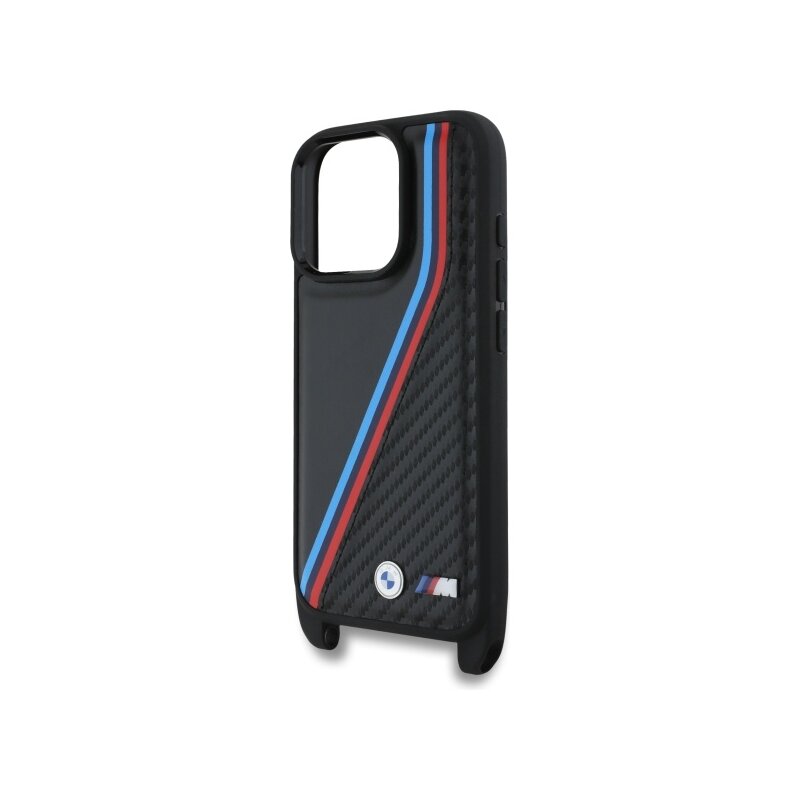 Husa BMW iPhone 16 Pro Max Leather M Edition Carbon Tricolor Lines & Strap, negru, BMHCP16X23PSVTK