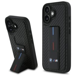 Husa BMW iPhone 16 Leather M Grip Stand Smooth and Carbon, negru, BMHCP16SGSPCCK