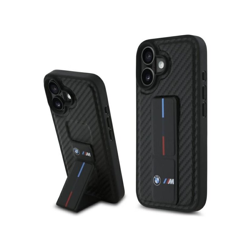 Husa BMW iPhone 16 Leather M Grip Stand Smooth and Carbon, negru, BMHCP16SGSPCCK