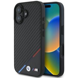 Husa BMW iPhone 16 Plus Leather Carbon Tricolor Line MagSafe, negru, BMHMP16M23PUDTK