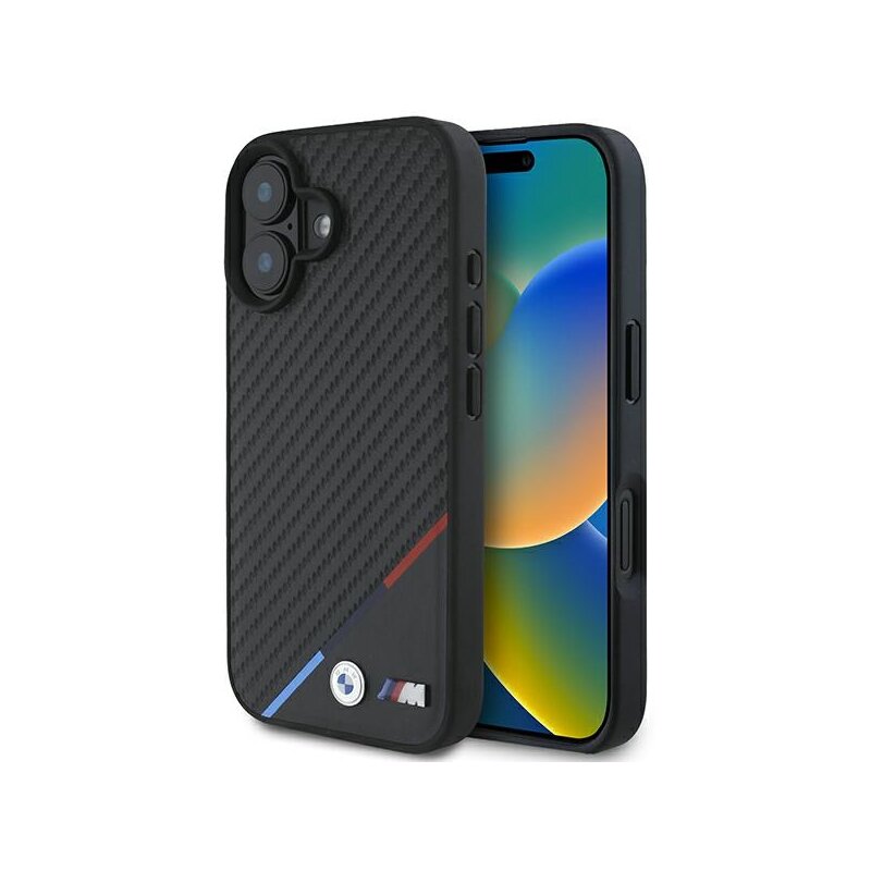 Husa BMW iPhone 16 Plus Leather Carbon Tricolor Line MagSafe, negru, BMHMP16M23PUDTK