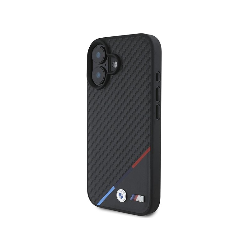 Husa BMW iPhone 16 Plus Leather Carbon Tricolor Line MagSafe, negru, BMHMP16M23PUDTK