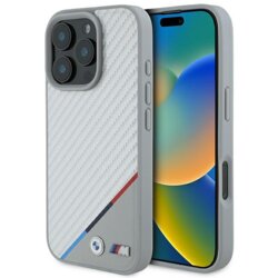 Husa BMW iPhone 16 Pro Leather M Carbon Tricolor Line MagSafe, gri, BMHMP16L23PUDTS