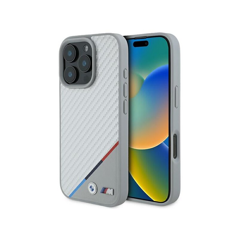 Husa BMW iPhone 16 Pro Leather M Carbon Tricolor Line MagSafe, gri, BMHMP16L23PUDTS