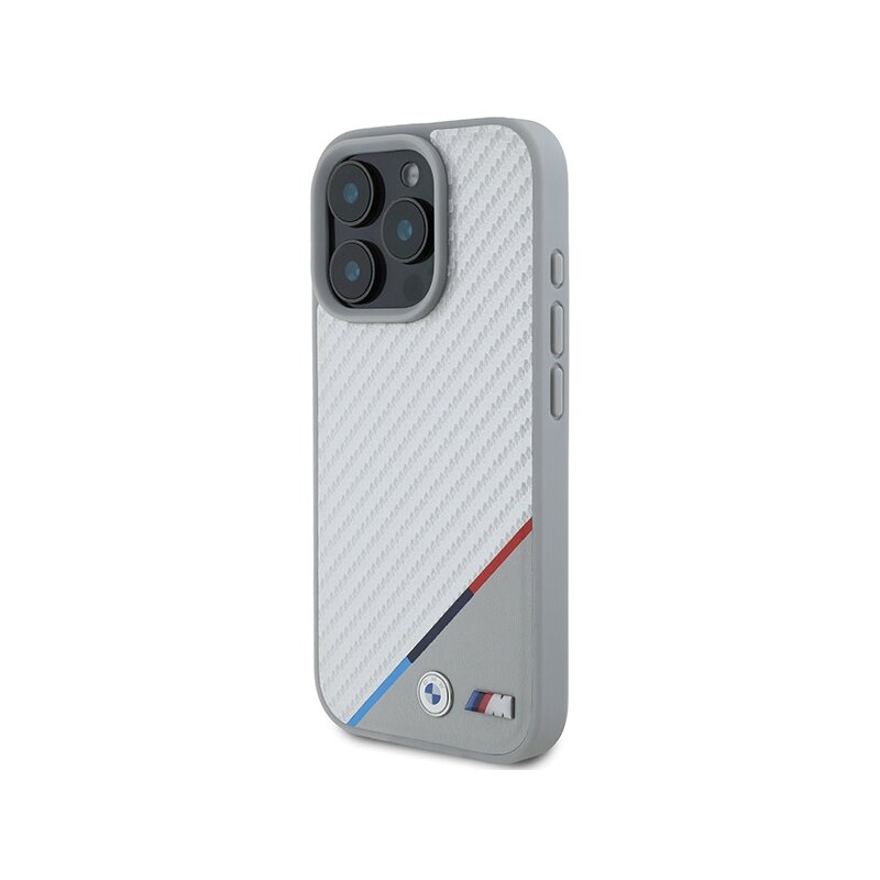 Husa BMW iPhone 16 Pro Leather M Carbon Tricolor Line MagSafe, gri, BMHMP16L23PUDTS
