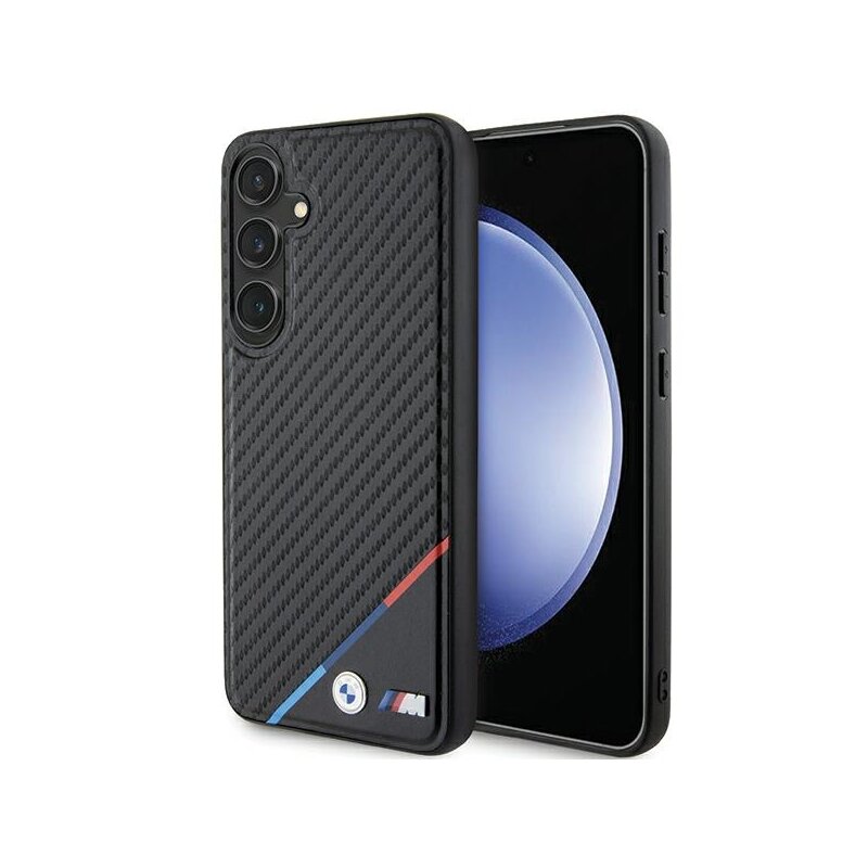 Husa BMW Samsung Galaxy S24 Leather Carbon Tricolor Line MagSafe, negru, BMHMS24S23PUDTK