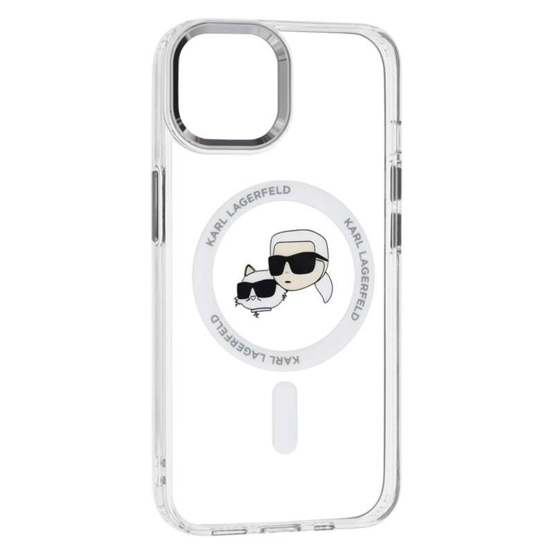 Husa iPhone 14 Karl Lagerfeld IML MagSafe, alb, Metal Karl&Choupette Head, KLHMP14SHLSKCH