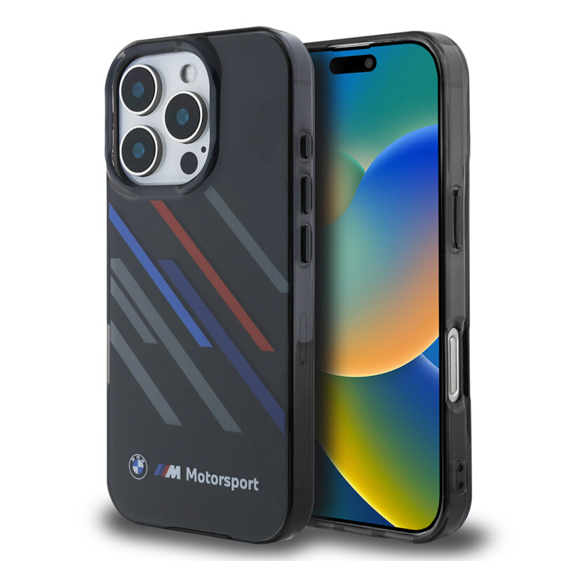 Husa BMW iPhone 16 Pro Max Hardcase Motorsport IML Random Stripes, negru, BMHCP16X23HTRAK