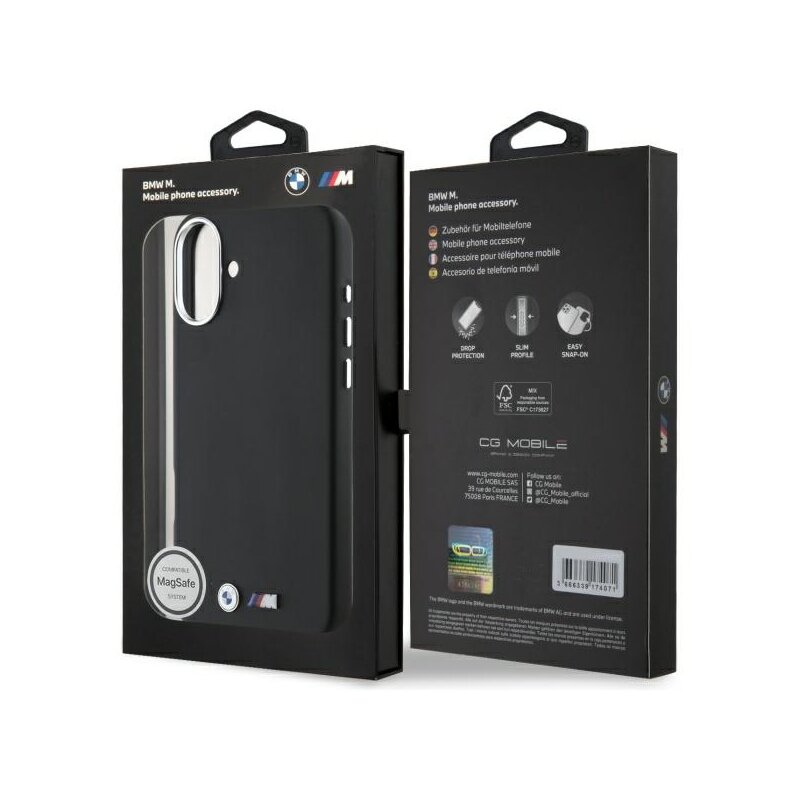 Husa BMW iPhone 16 Plus Leather M Smooth Full Wrapped Metal MagSafe, negru, BMHMP16M23PMWK