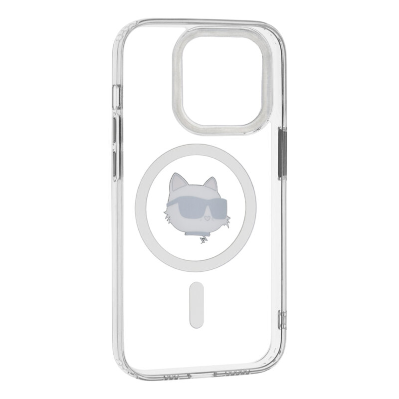 Husa iPhone 14 Pro Karl Lagerfeld IML MagSafe, Metal Choupette`s Head, alb, KLHMP14LHLSCHH