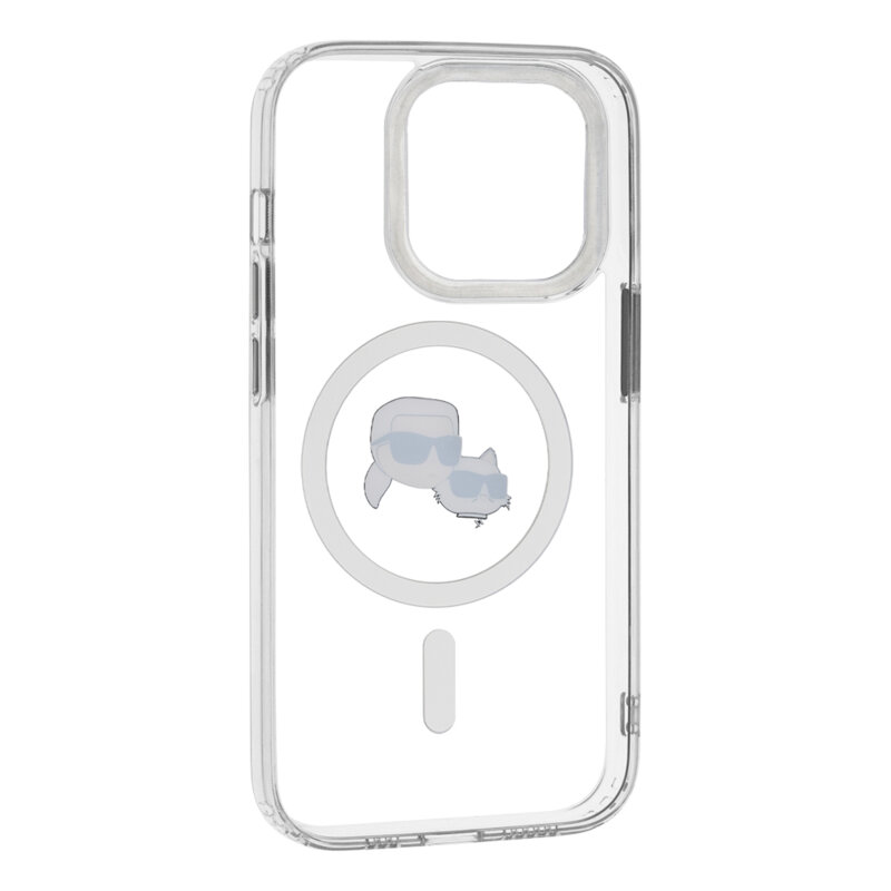 Husa iPhone 14 Pro Karl Lagerfeld IML MagSafe, Metal Karl&Choupette Head, alb, KLHMP14LHLSKCH