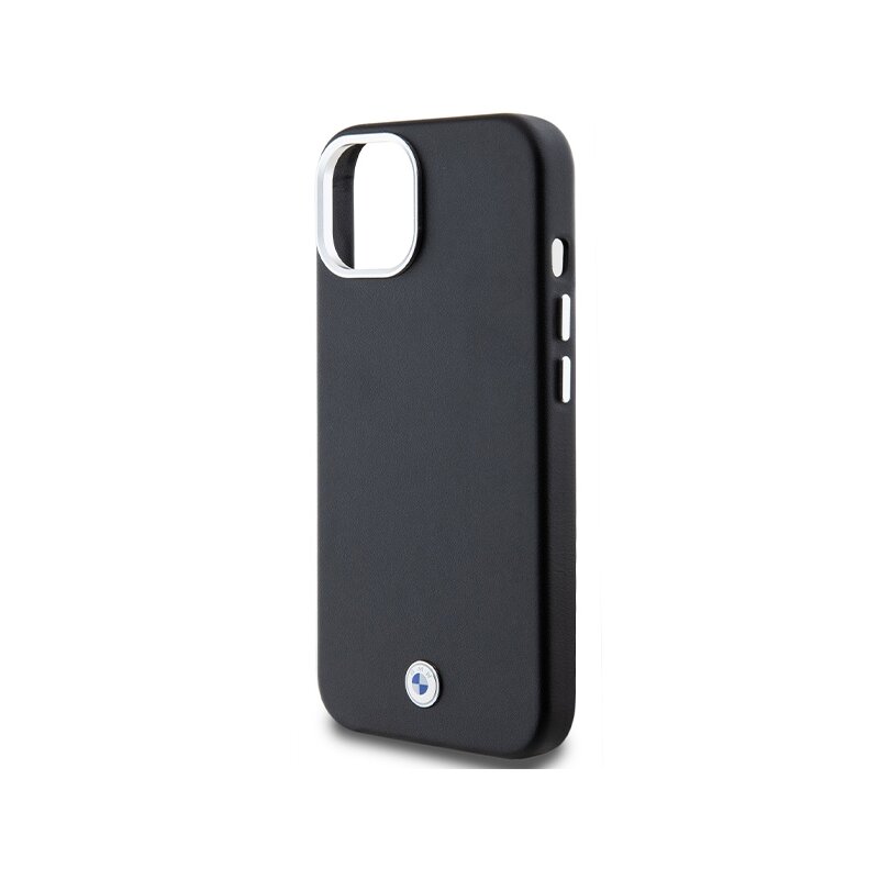 Husa BMW iPhone 15 Leather Signature Wrapped Metal MagSafe, negru, BMHMP15S23PUFWK