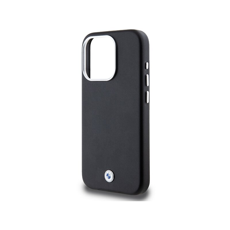 Husa BMW iPhone 15 Pro Leather Signature Wrapped Metal MagSafe, negru, BMHMP15L23PUFWK