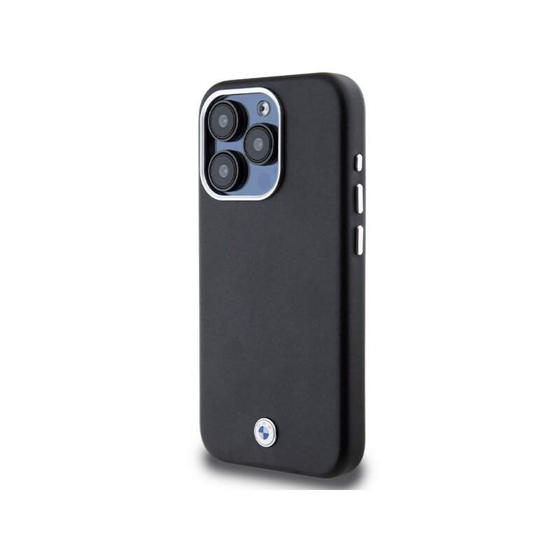 Husa BMW iPhone 15 Pro Leather Signature Wrapped Metal MagSafe, negru, BMHMP15L23PUFWK