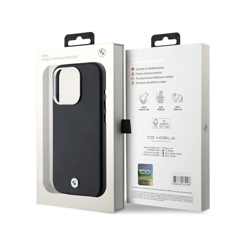 Husa BMW iPhone 15 Pro Leather Signature Wrapped Metal MagSafe, negru, BMHMP15L23PUFWK